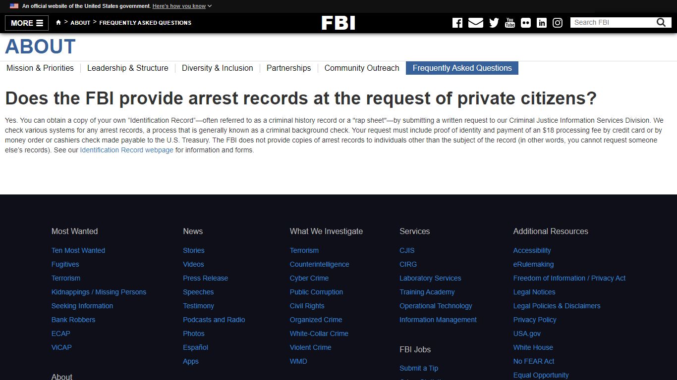 Does the FBI provide arrest records at the request of private citizens ...